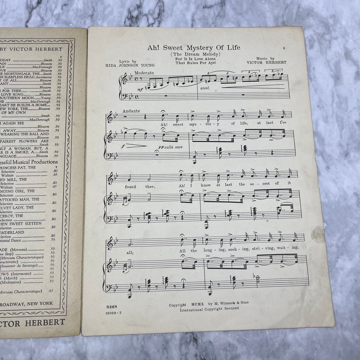 AH! SWEET MYSTERY OF LIFE Victor Herbert Naghty Marietta 1910 Sheet Music V42-4