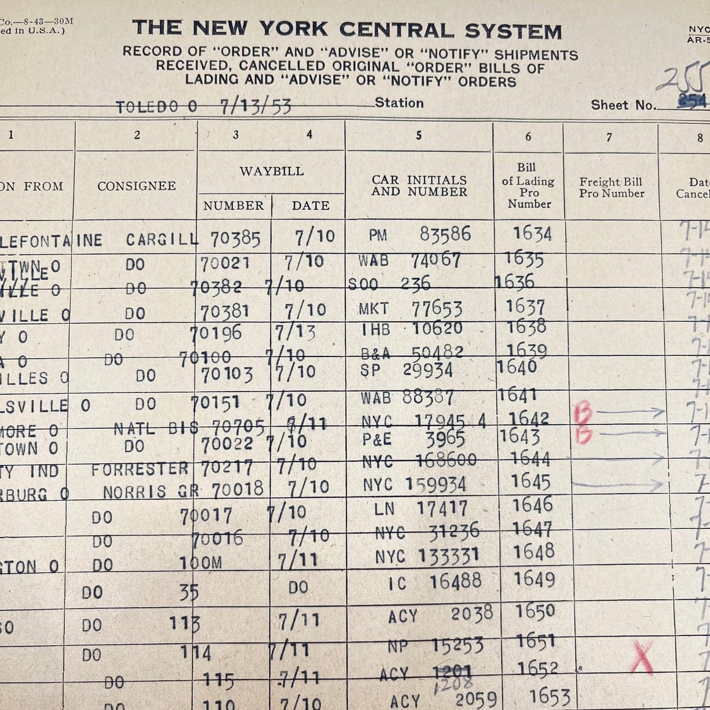 1953 The New York Central Railroad Co RR Original Record of Shipments AB1