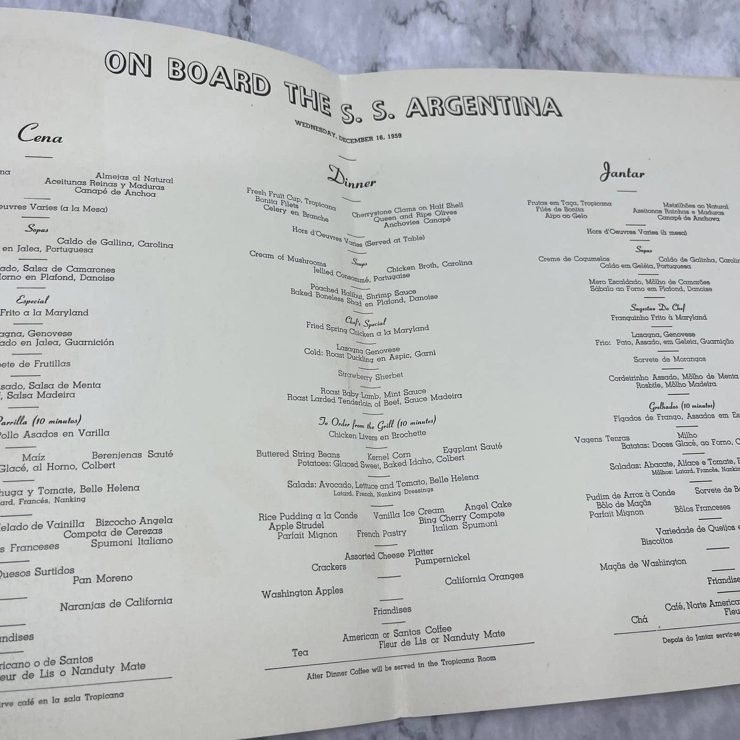 Original SS Argentina Cruise Ship Restaurant Menu Dec 16, 1959 TD8