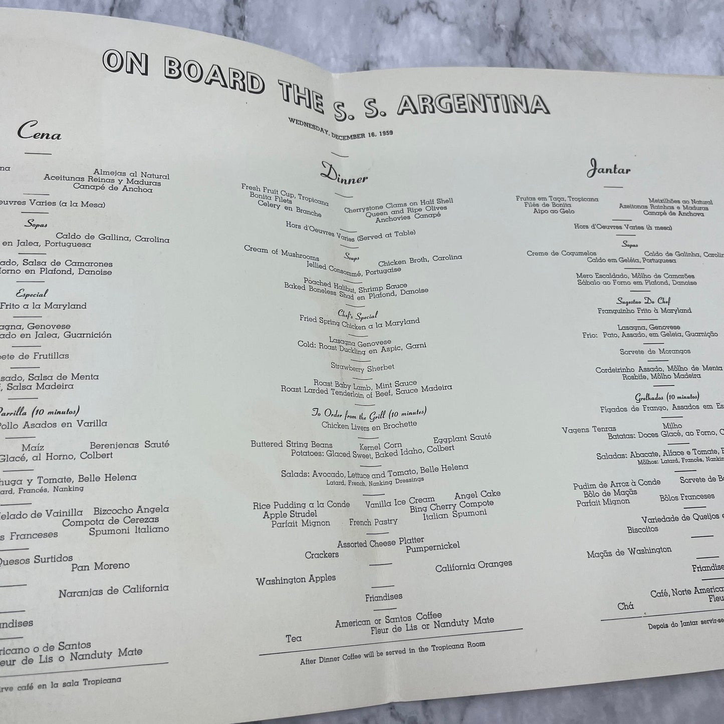 Original SS Argentina Cruise Ship Restaurant Menu Dec 16, 1959 A20