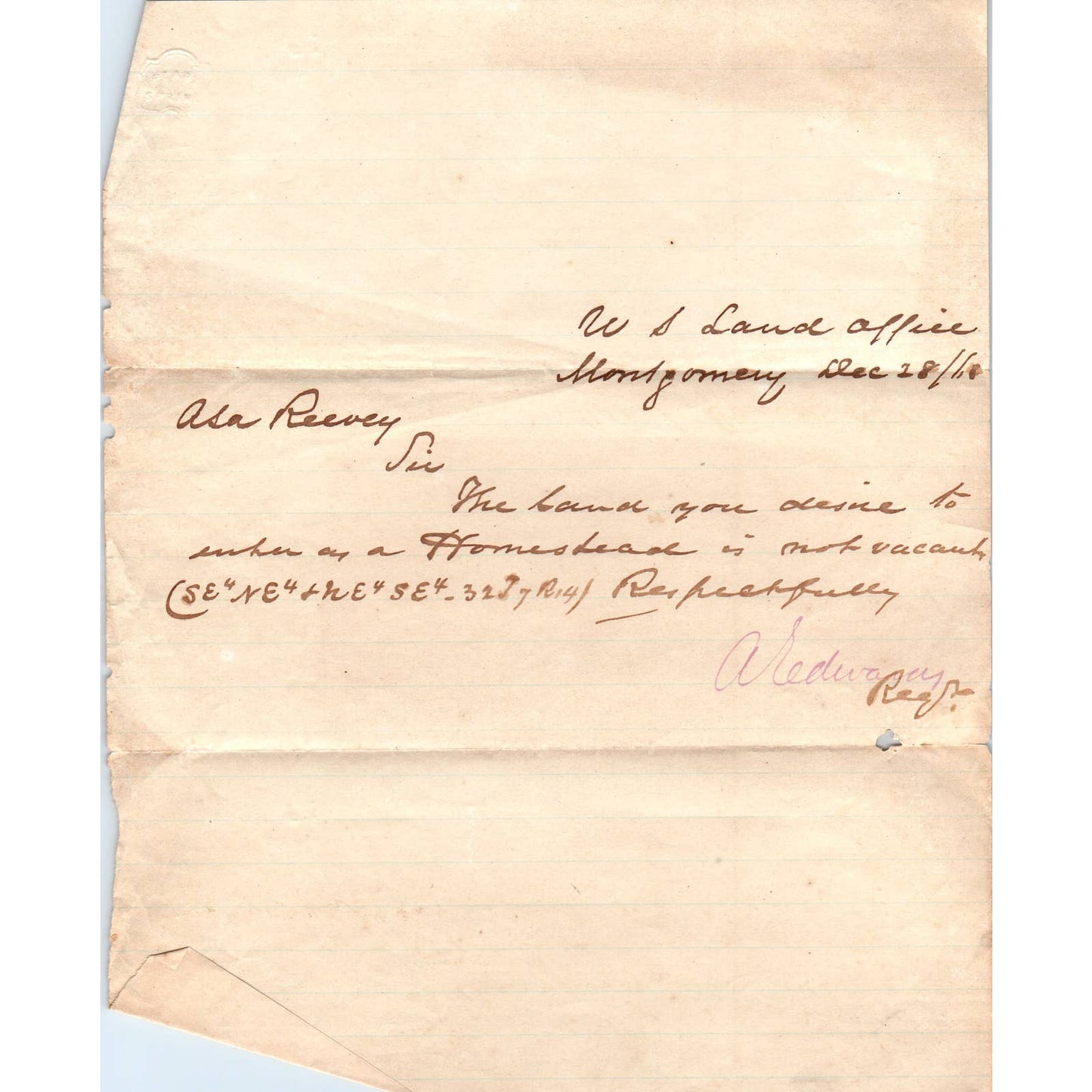 1868 Handwritten Note Asa Peavey From W.S. Land Office Montgomery AL AD6