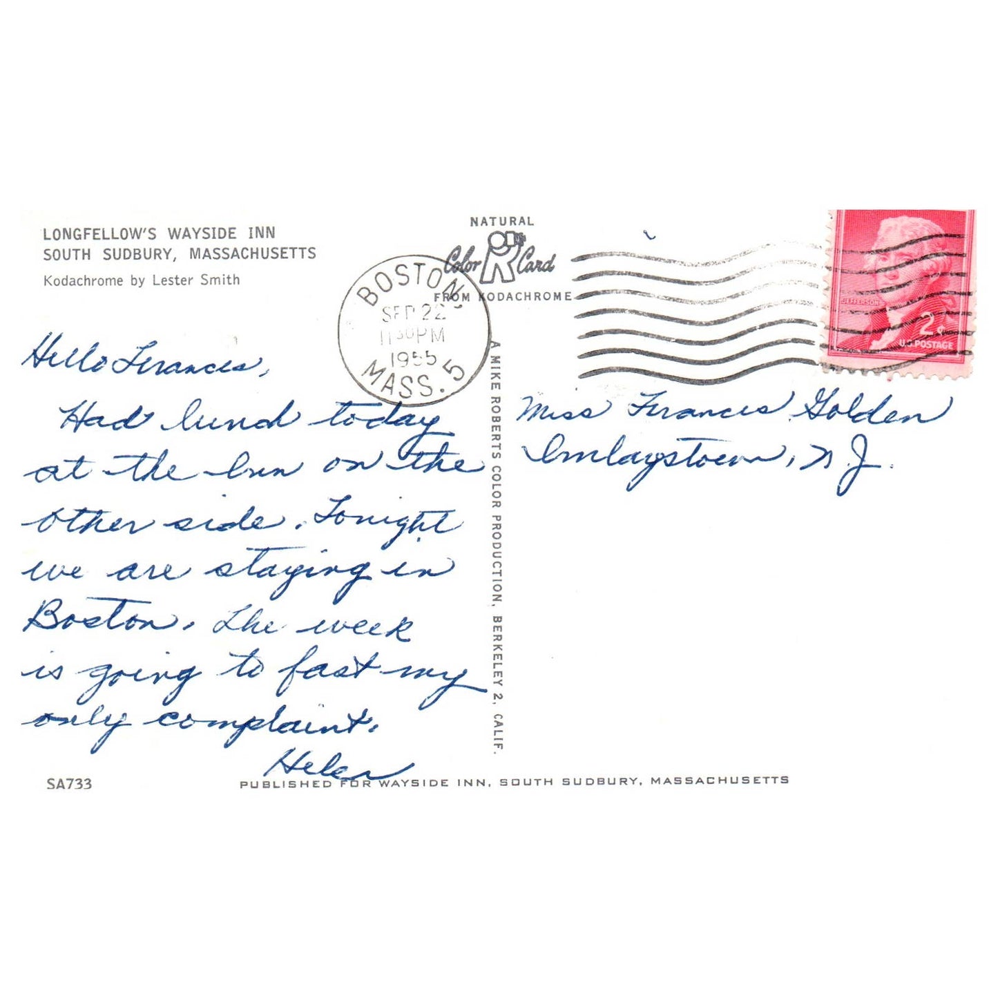 Vintage Postcard - Longfellow's Wayside Inn South Sudbury Mass 1955 TJ7-1