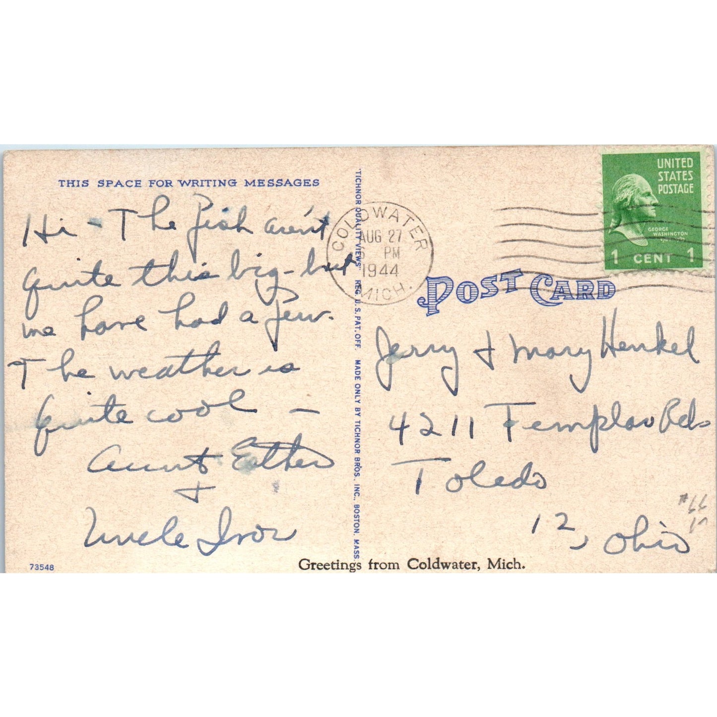 Giant Fish Coldwater MI Humor Cartoon 1944 Original Postcard P1-15