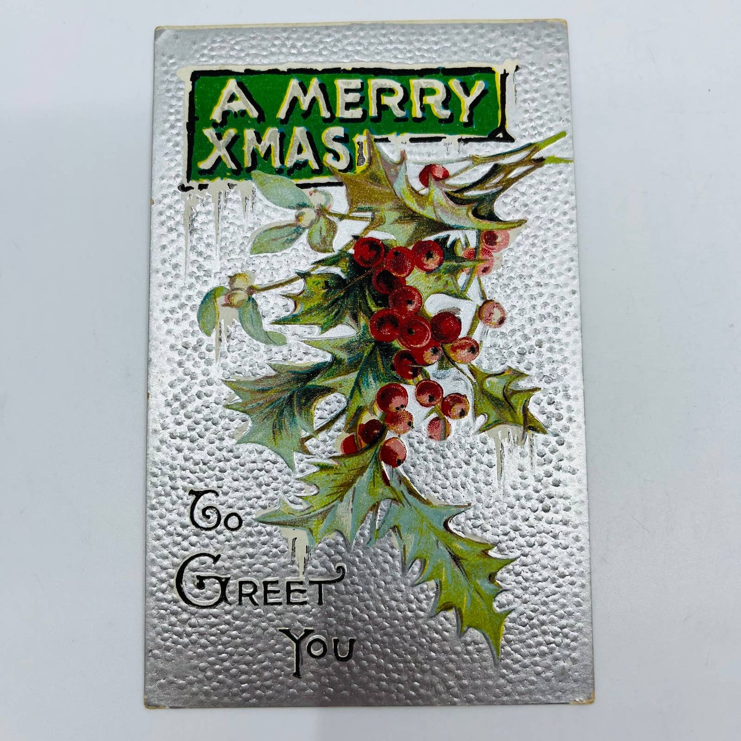 1910s Christmas Post Card Embossed Textured Silver Holly Icicles PA4