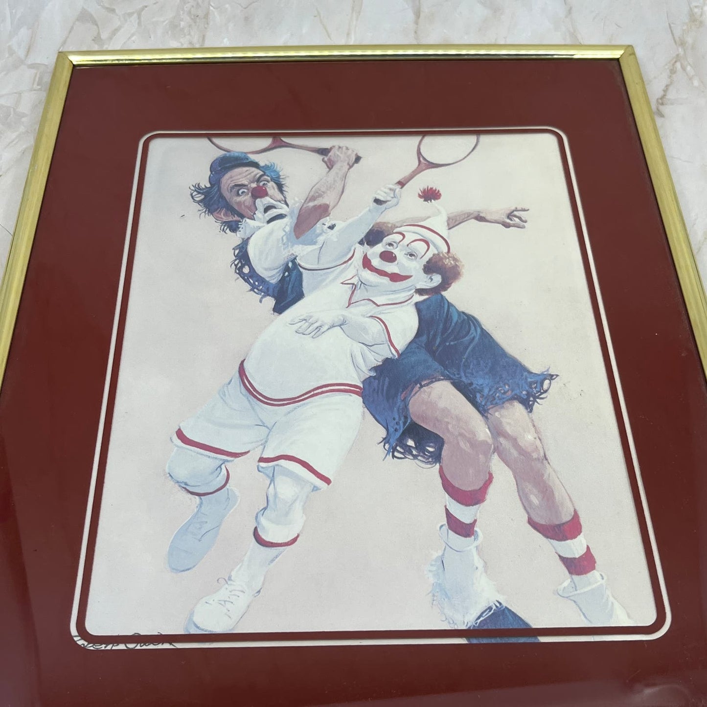 Vintage Retro Robert Owen Clown Hobo Print Playing Tenni framed 11x14" 3