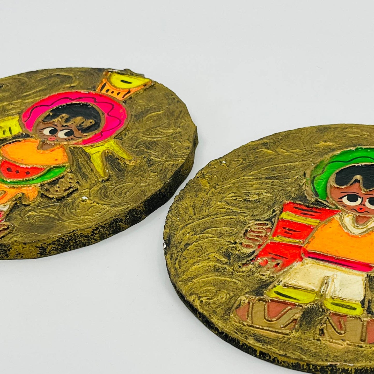 Vintage Mexican Folk Art Wall Plaque 6” Hand Painted Boy and Girl Set of 2 TB7