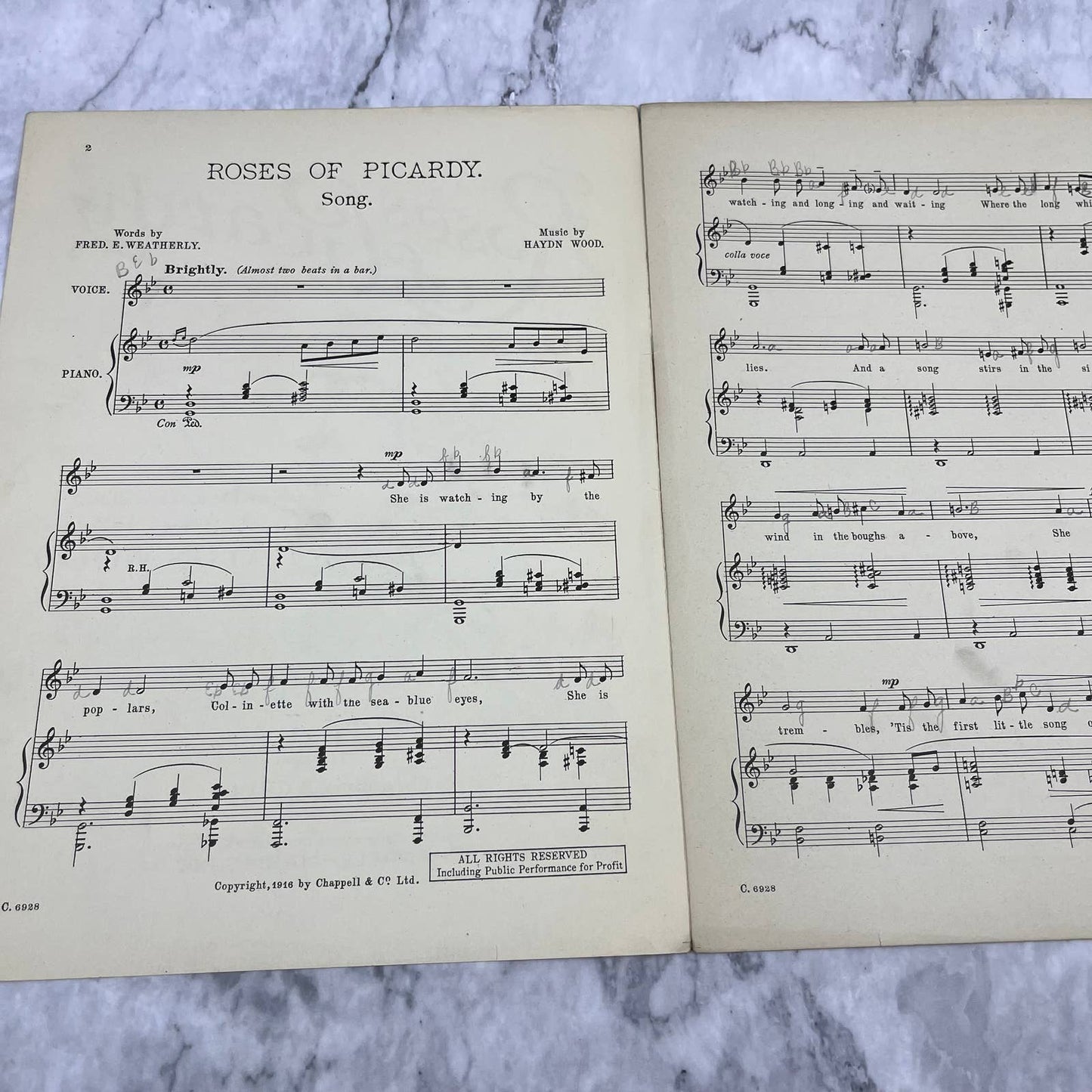 Roses of Picardy by Fred Weatherly Hayden Wood Vintage Sheet Music 1916 TH5