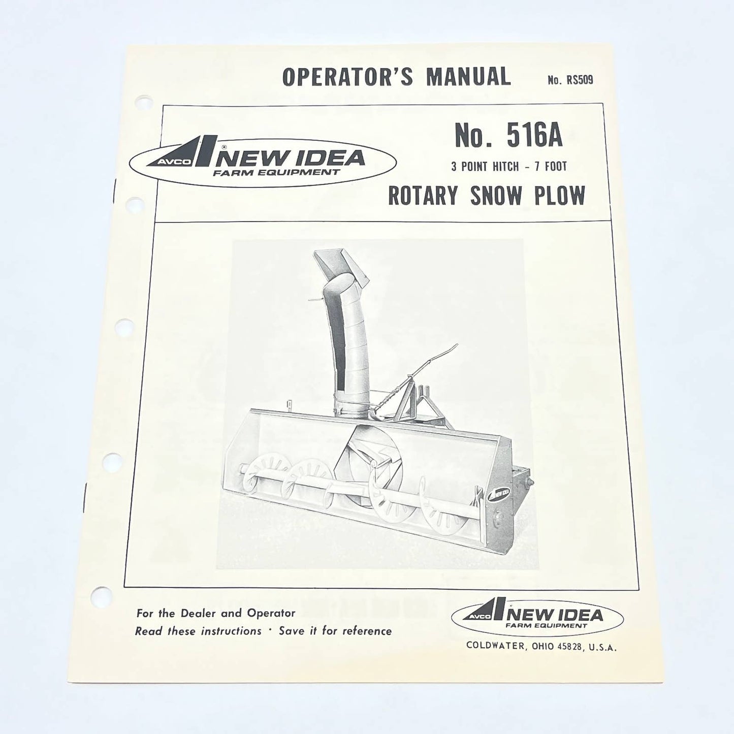 Original 1976 New Idea 516A 3 Point Hitch 7' Rotary Snow Plow RS509 Manual TB9