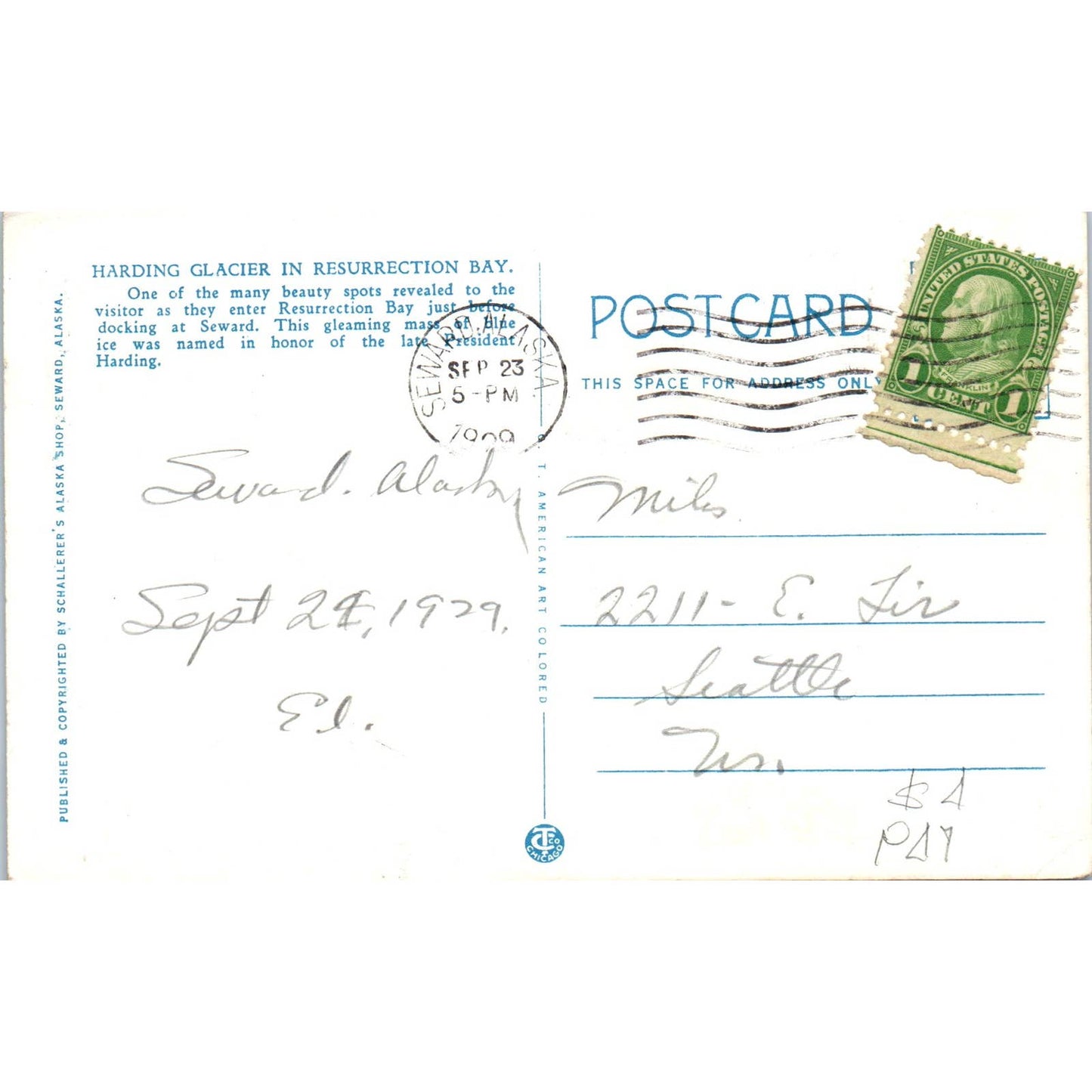 1929 Harding Glacier Resurrection Bay Alaska Original Postcard TK1-30