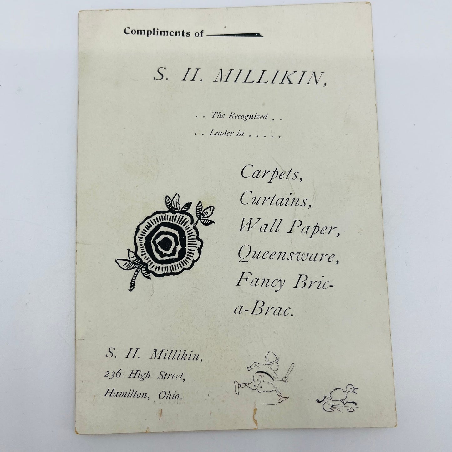 1880s Victorian Trade Card S.H. Millikin Carpet House Hamilton OH SAH9-H7