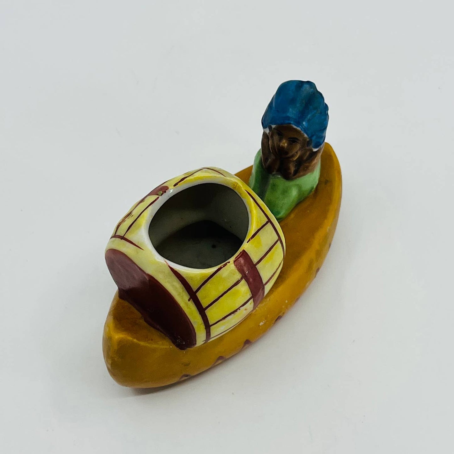 Vintage Japan Hand Painted Native American Chief Canoe Candle Holder 4” TB5