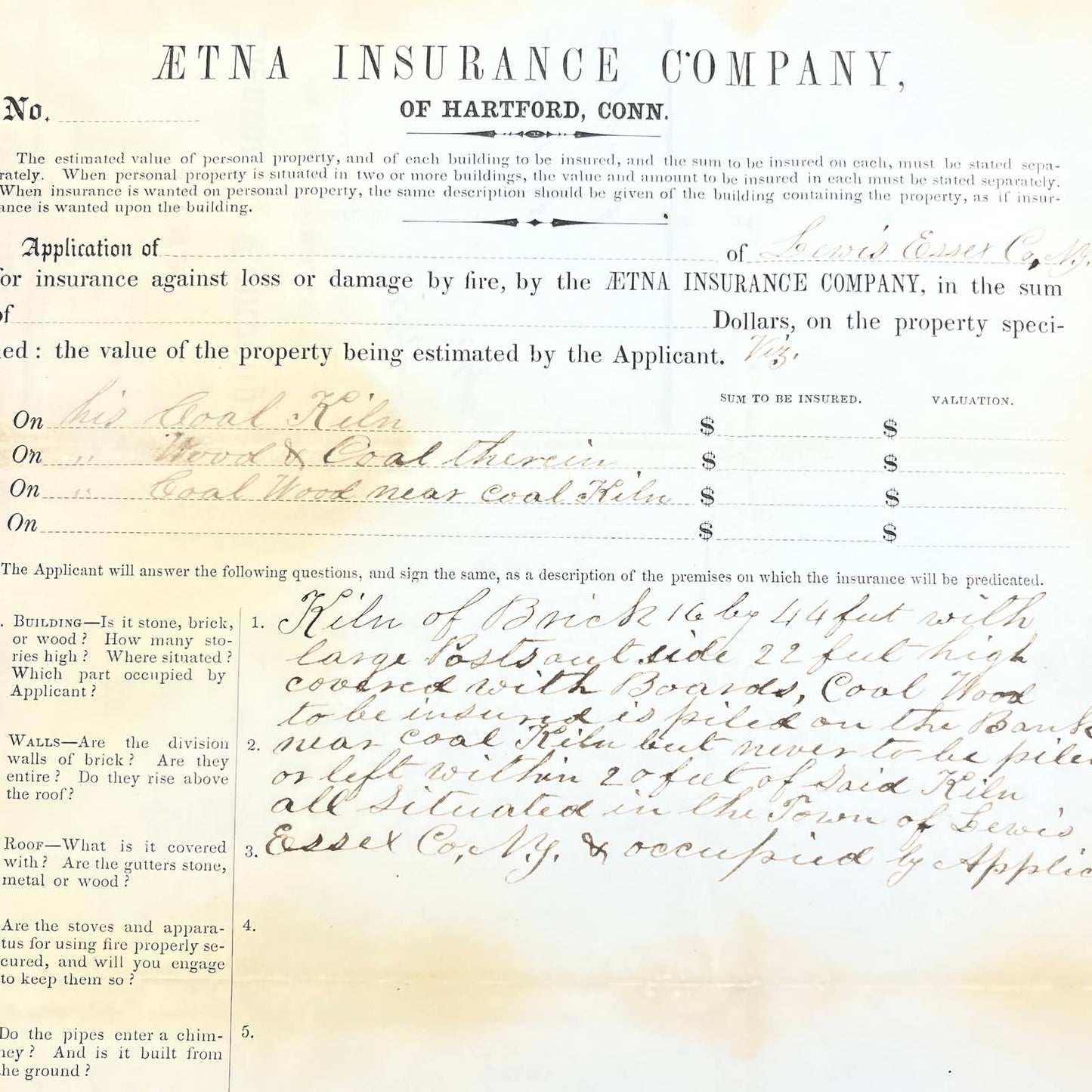 1850s Ætna Aetna Insurance Policy for Coal Kiln Hartford Conn AC2
