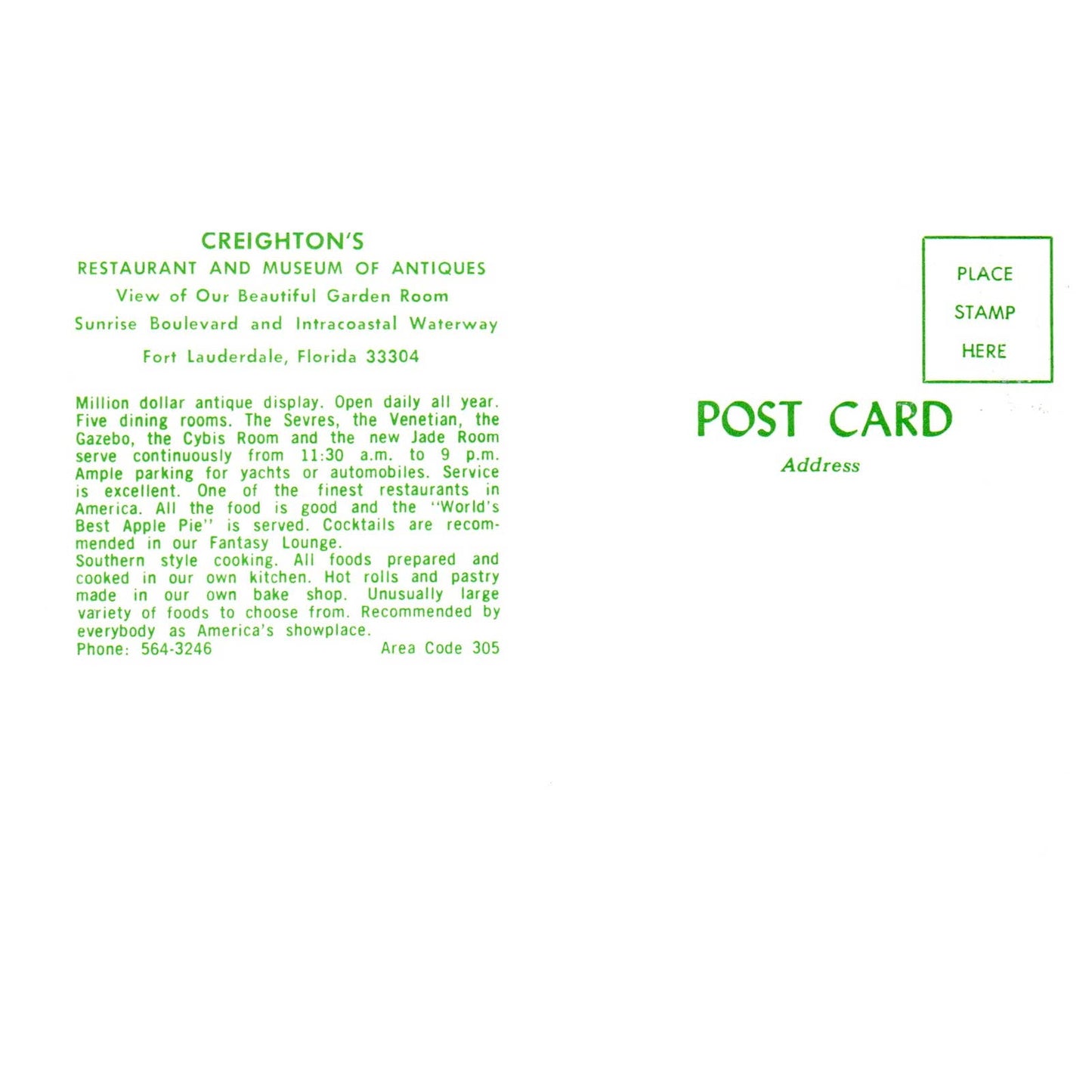 Vintage Postcard Creighton's Restaurant and Museum Dining Room Ft Lauderdale AD9