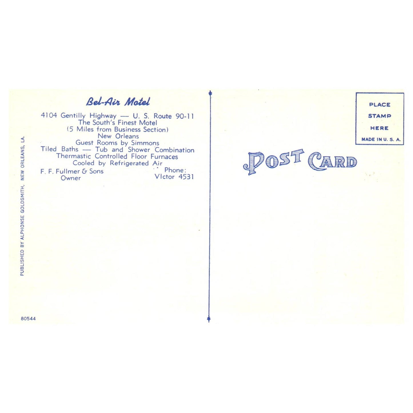 Bel-Air Motel New Orleans Louisiana F.F. Fullmer & Sons - Postcard TJ8-2