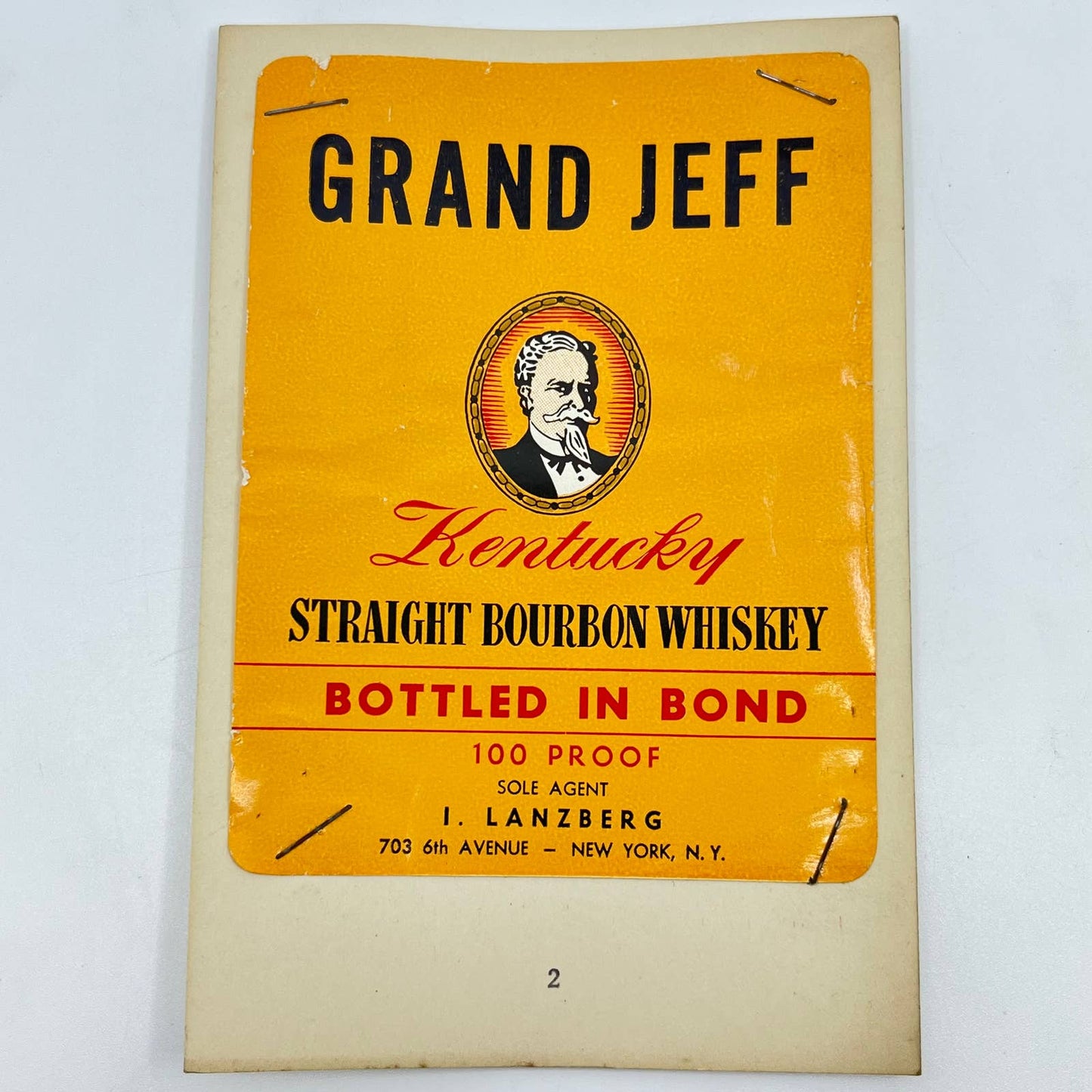 Grand Jeff Bourbon Whiskey Label I. Lanzberg 703 6th Avenue New York NY