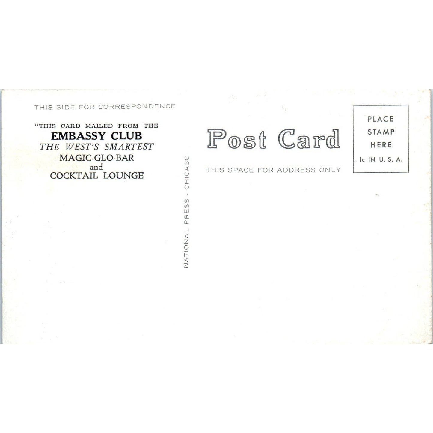 The Embassy Club Cocktail Lounge Interior Denver CO Original Postcard TK1-29