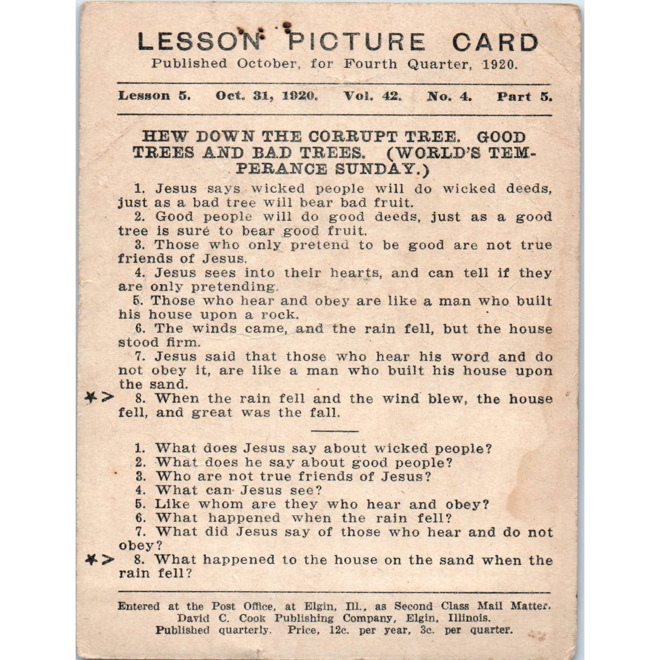 1920 Christian Lesson Picture Card Hew Down The Corrupt Tree SE5