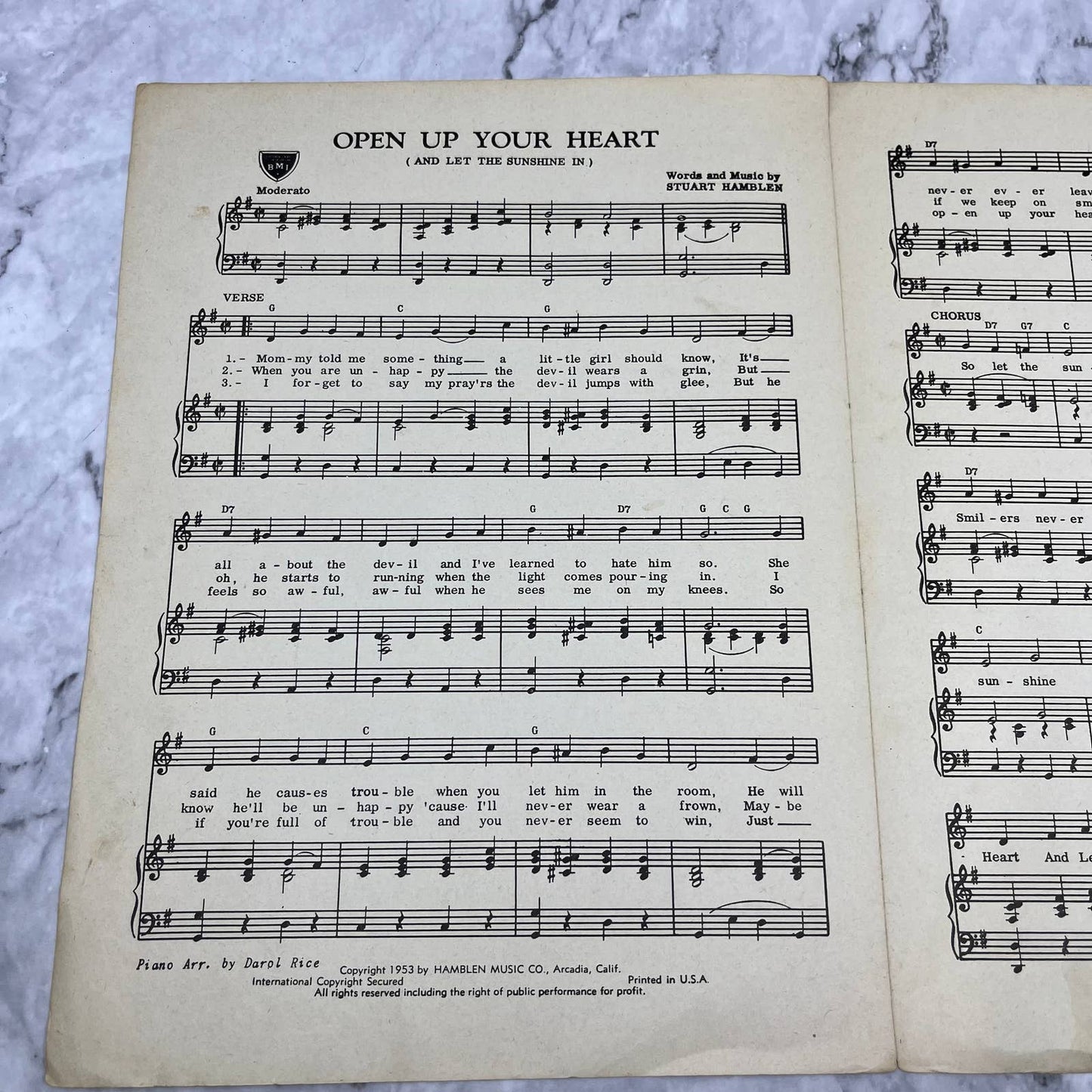 Open Up Your Heart VTG 1953 Sheet Music Sue Ann Stuart Hamblen TI1