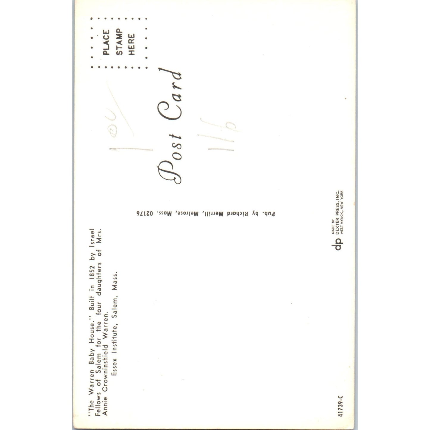 The Warren Baby House Essex Institute Salem MA Original Postcard PB9