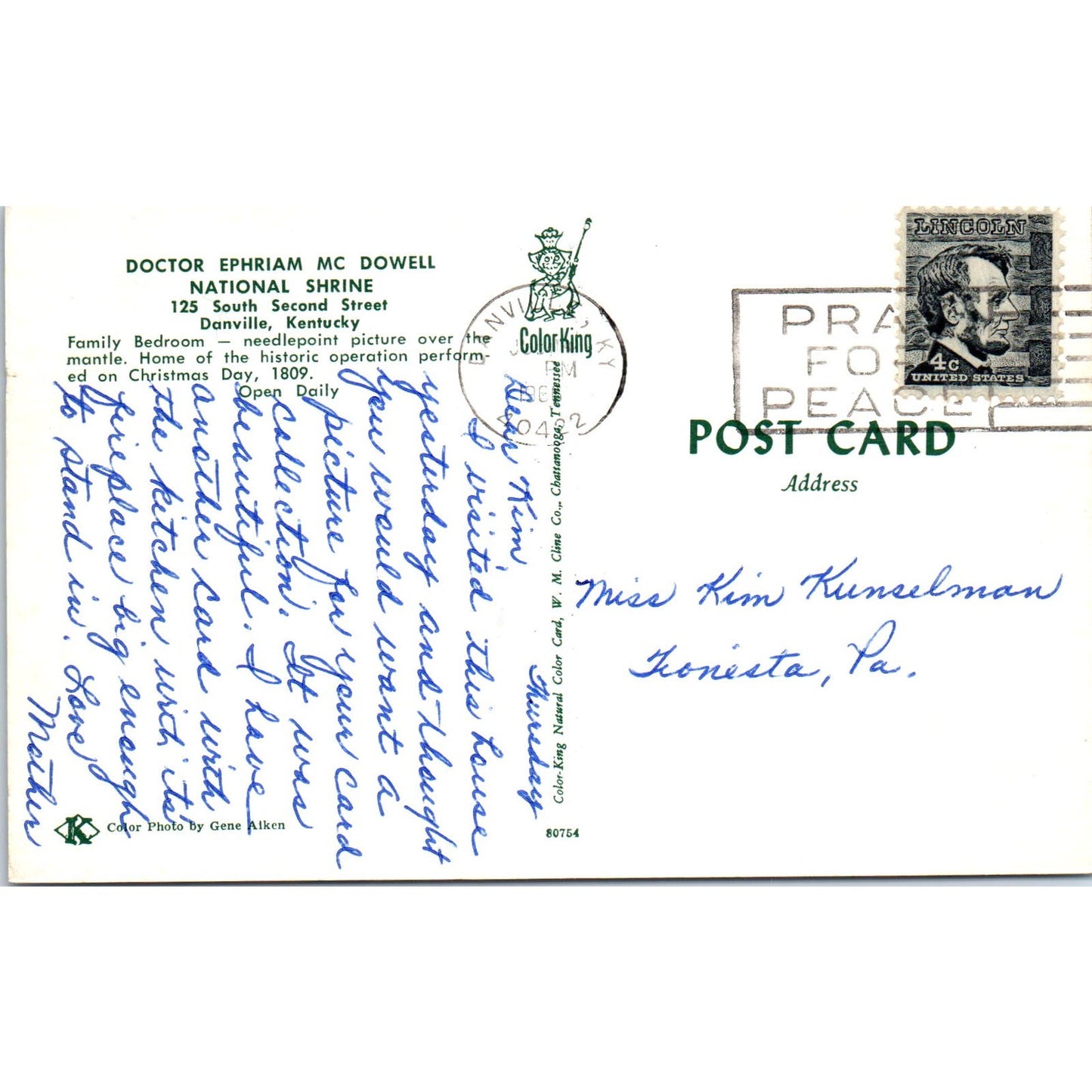 Dr. Ephraim McDowell National Shrine Family Bedroom Danville KY Postcard PB9