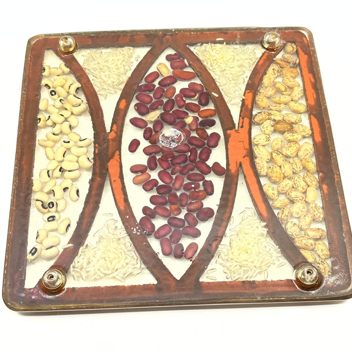 1960s Retro Kitsch Acrylic Lucite Trivet Hot Pad Footed Square Rice Bean MCM TC7