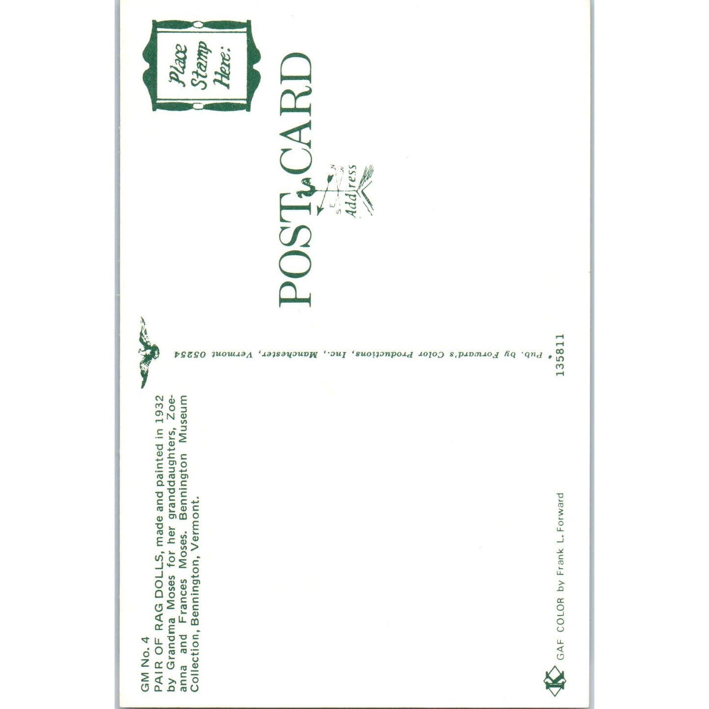 Pair of Rag Dolls Painted by Grandma Moses Bennington VT Original Postcard PB5