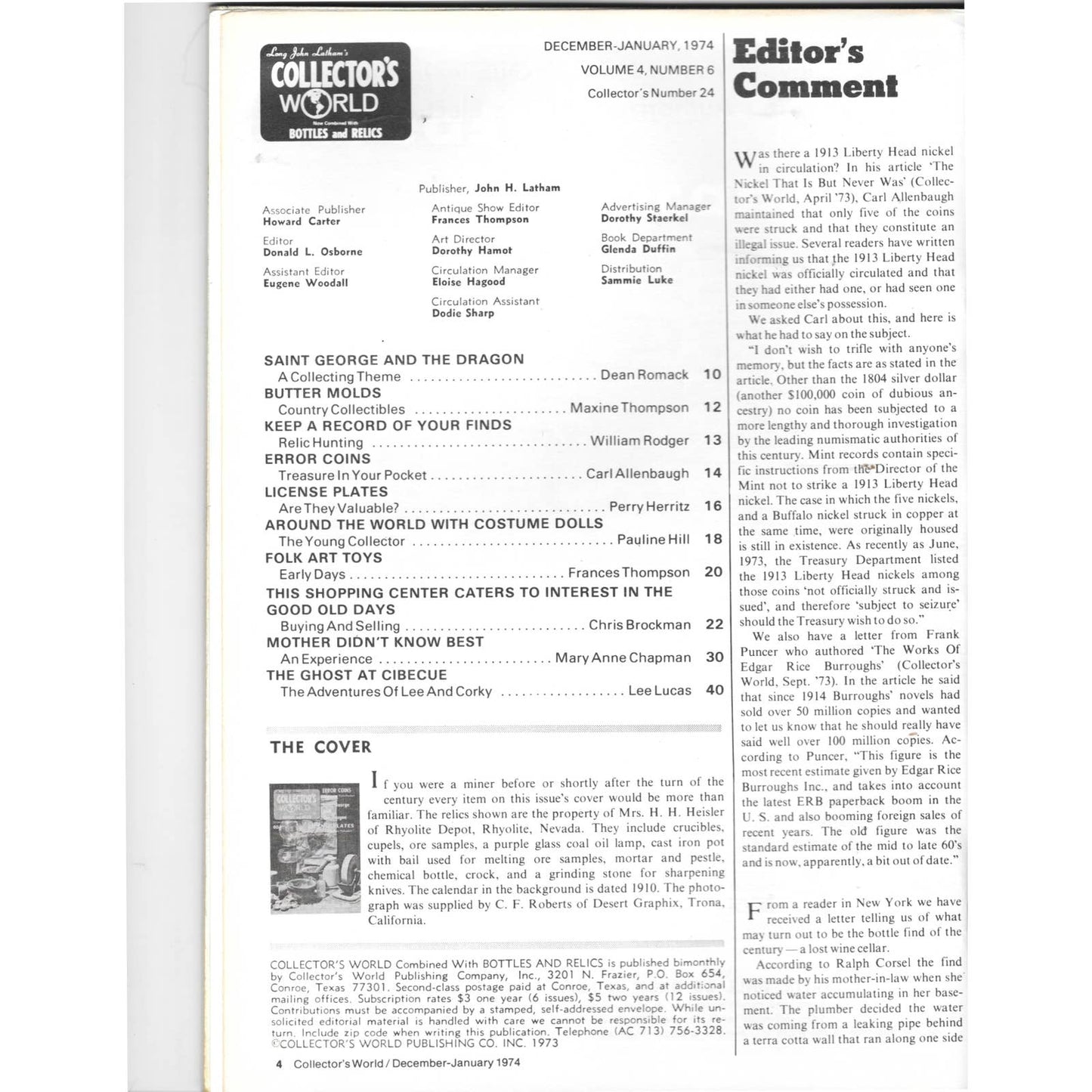 Long John Latham's Collector's World Bottles and Relics Magazine Jan 1974 M5