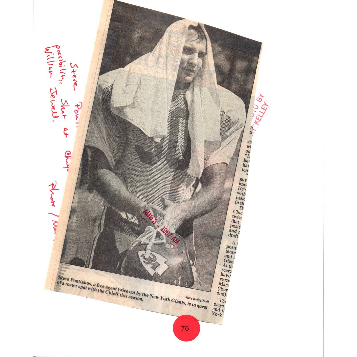 1987 Original Press Photo NFL Kansas City Chiefs Steve Pontiakos 8x10" TK2-FP