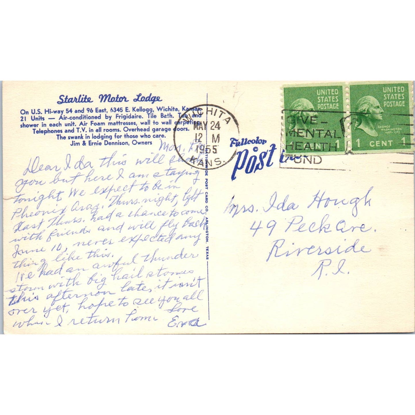 Starlight Motor Lodge Wichita Kansas Jim & Ernie Dennison 1955 Postcard TK1-21
