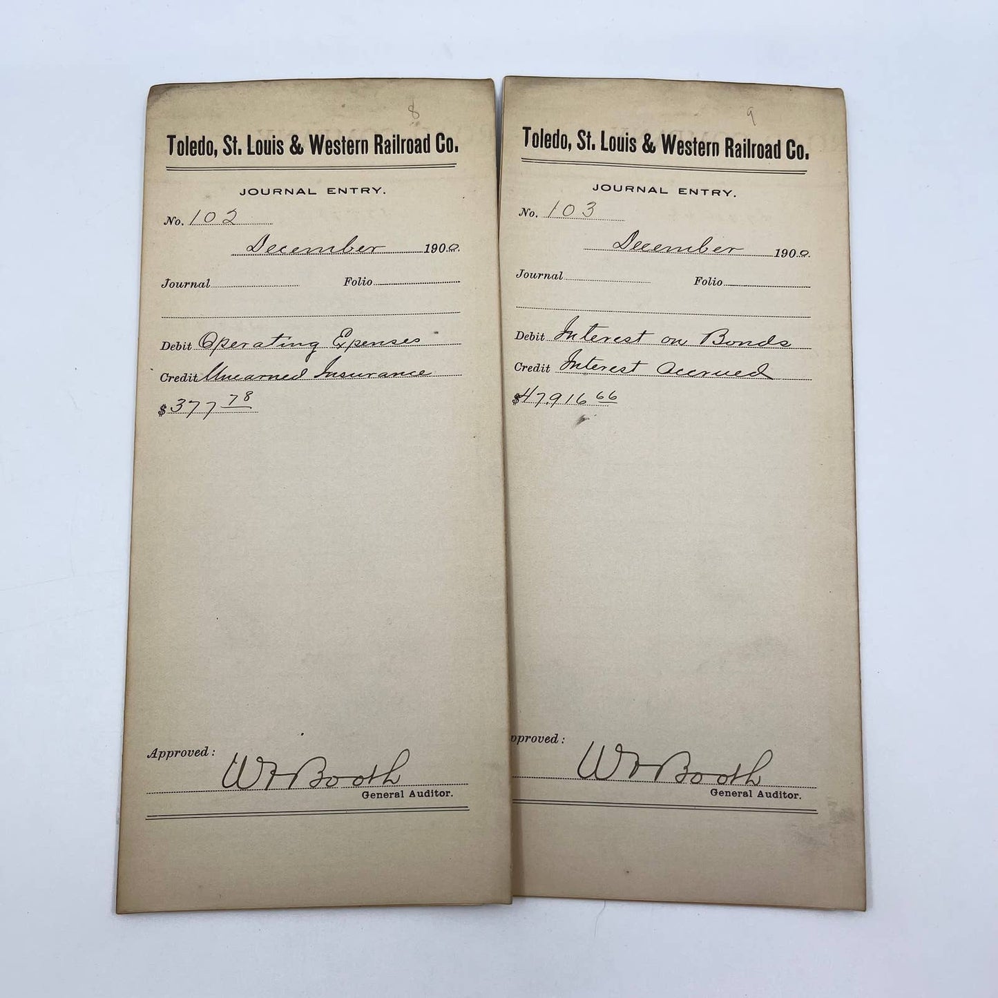 1900 Toledo, St. Louis & Western Railroad Company Journal Entry Lot of 2 AB2-5