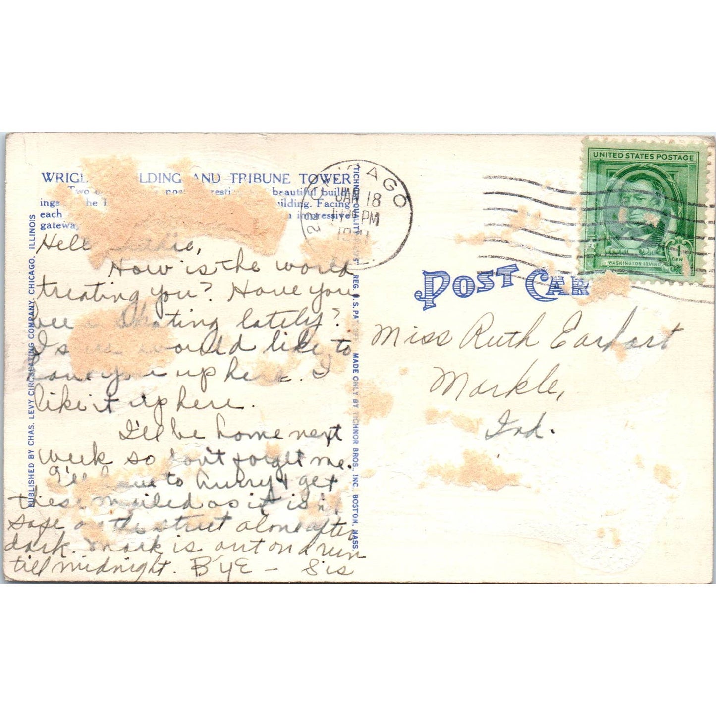 Vintage Postcard Wrigley Building and Tribune Tower Chicago EA3
