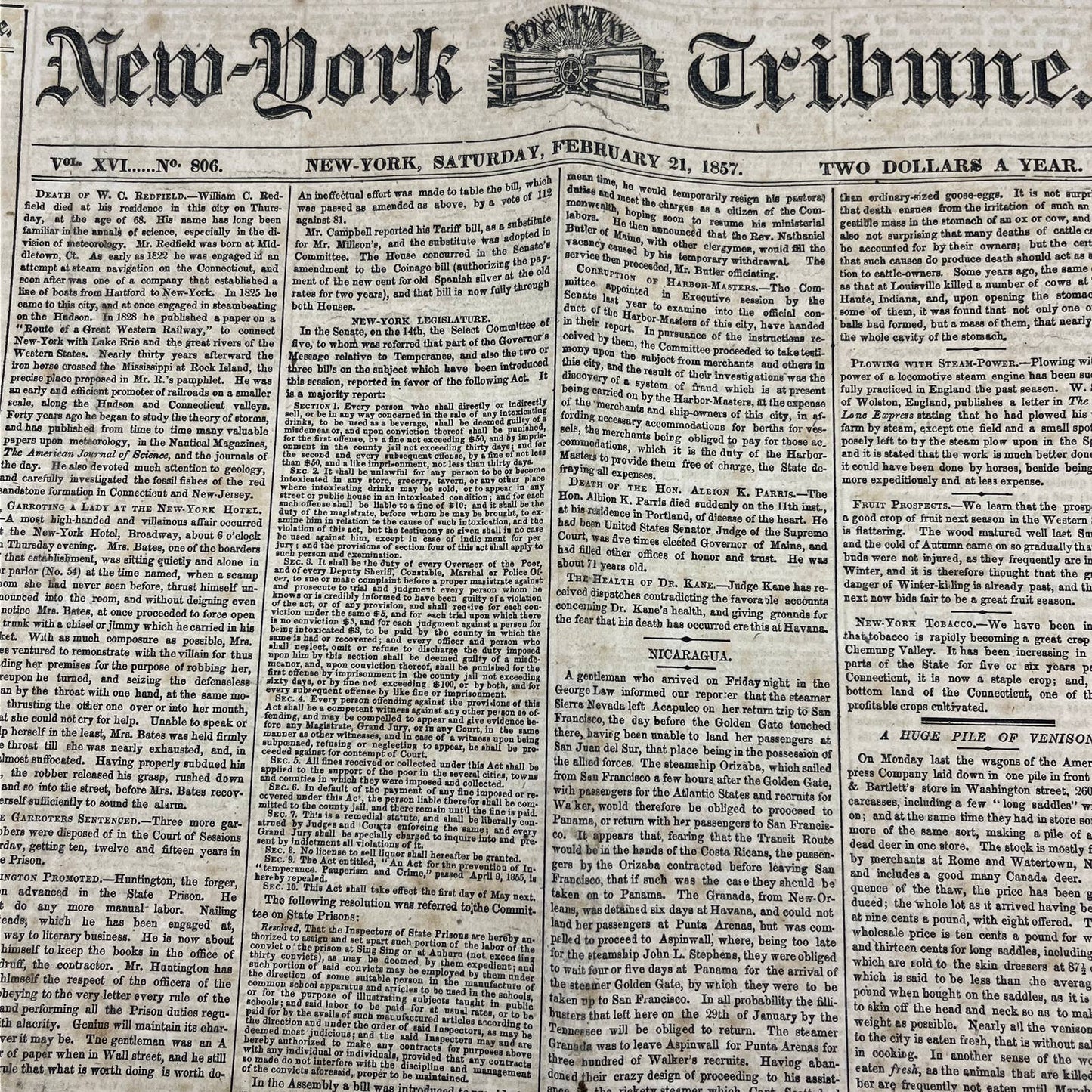 1857 Feb 21 Original New York Tribune - Death of W.C. Redfield FL4