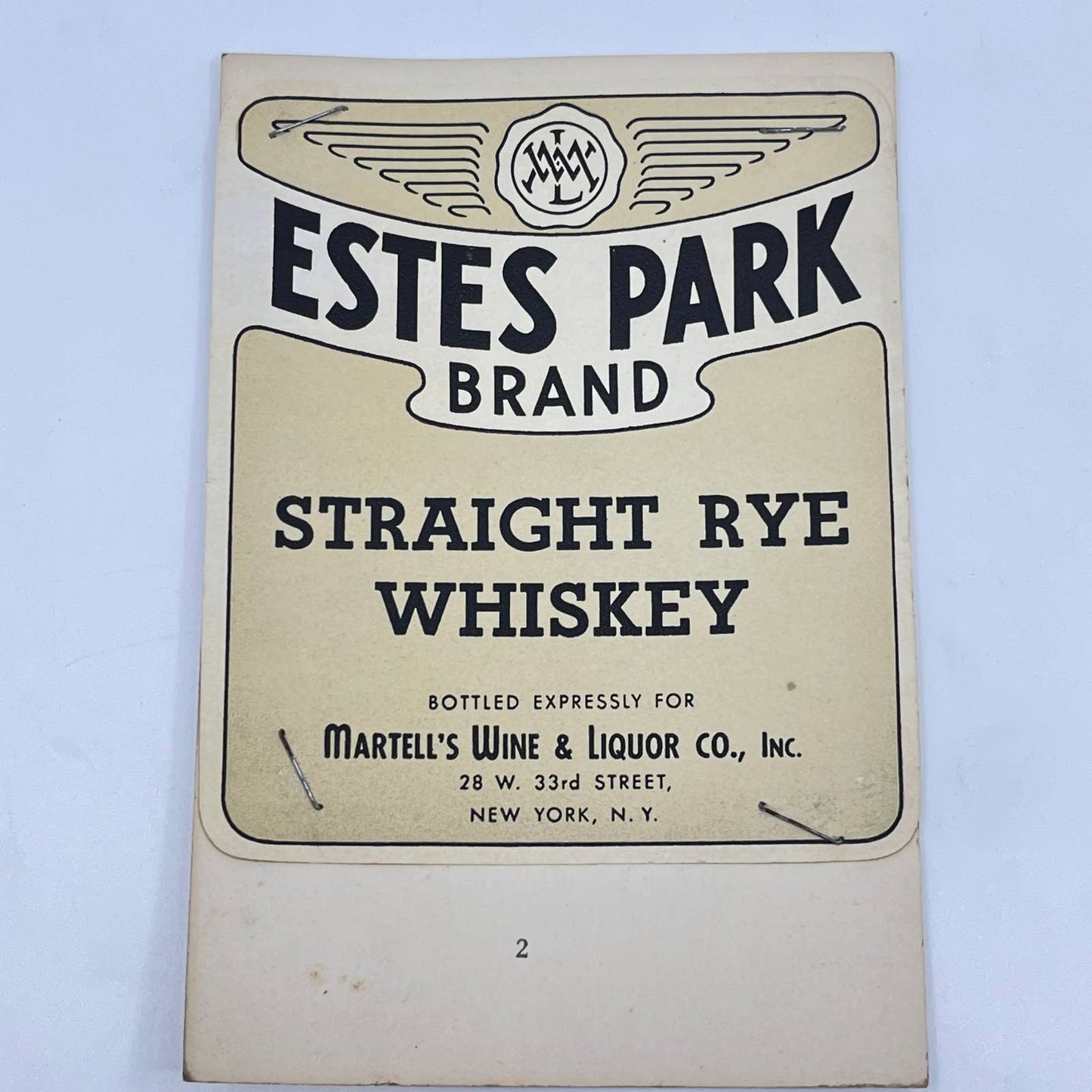 Estes Park Rye Whiskey Label Martell’s Wine & Liquor 28 W. 33rd St. New York NY