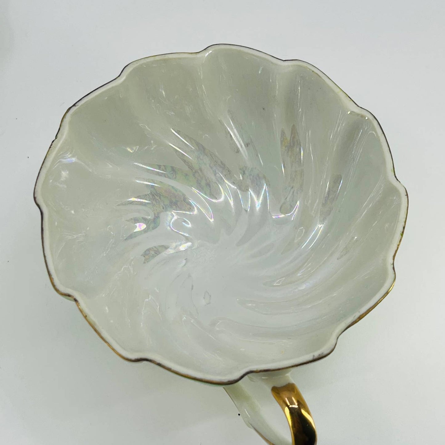 Midcentury Japan Footed Cup and Saucer Green Candy Stripe Swirl Gilt TD9