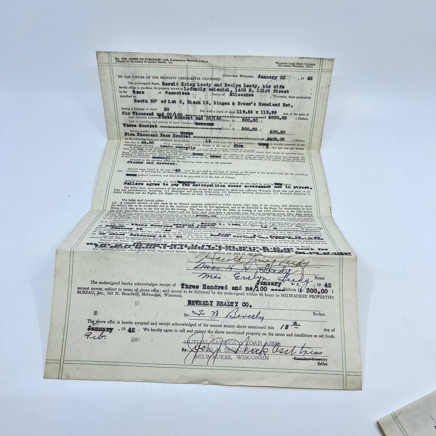1940s Offer to Purchase Warranty Deed Land Contract Milwaukee WI AA7