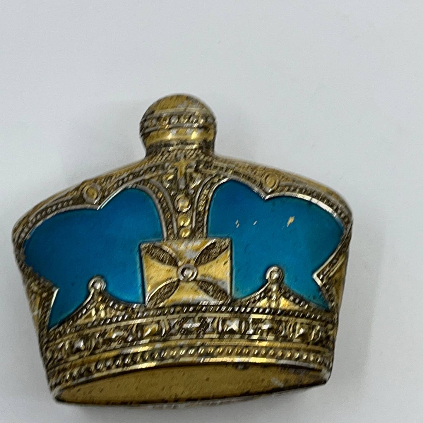 Vintage Ornate Victorian Gold Tone Blue Enamel Trinket Box Crown Shaped 2” TF5