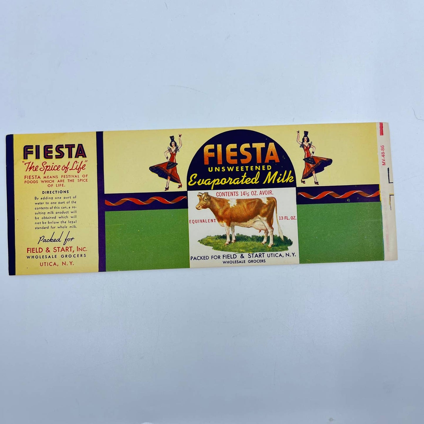 Original Rare FIESTA Evaporated Milk Label Field & Start Utica NY FL3