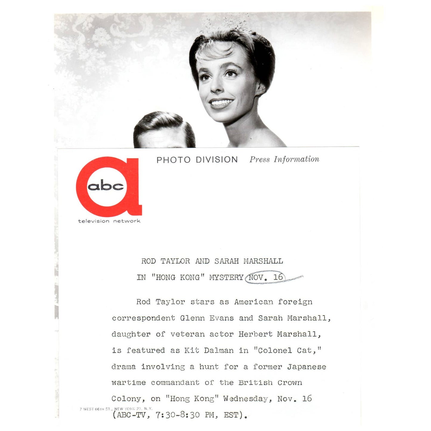 c1960 Press Photo Rod Taylor Sarah Marshall Colonel Cat ABC TJ7-1