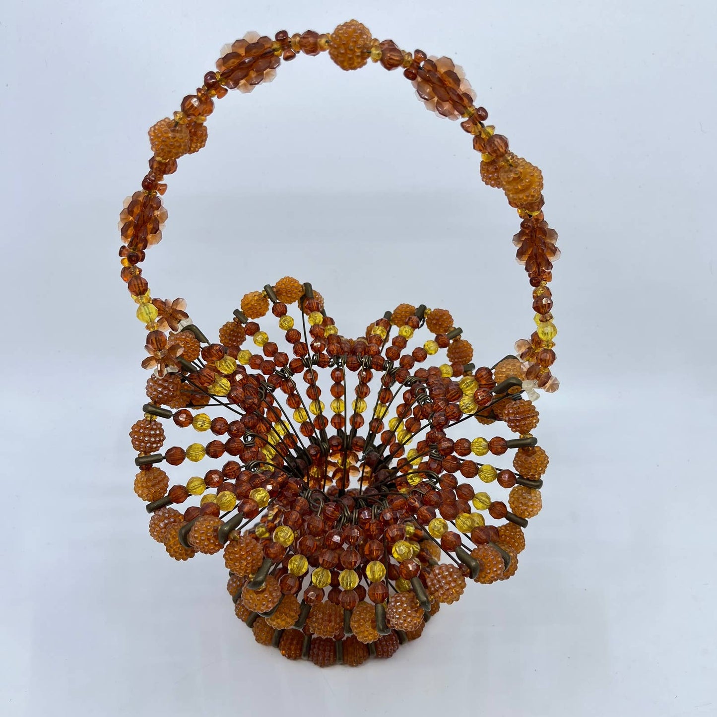 Vintage Kitsch Safety Pin Beaded Basket Brown Yellow 70s Earth Tone 12” TF4