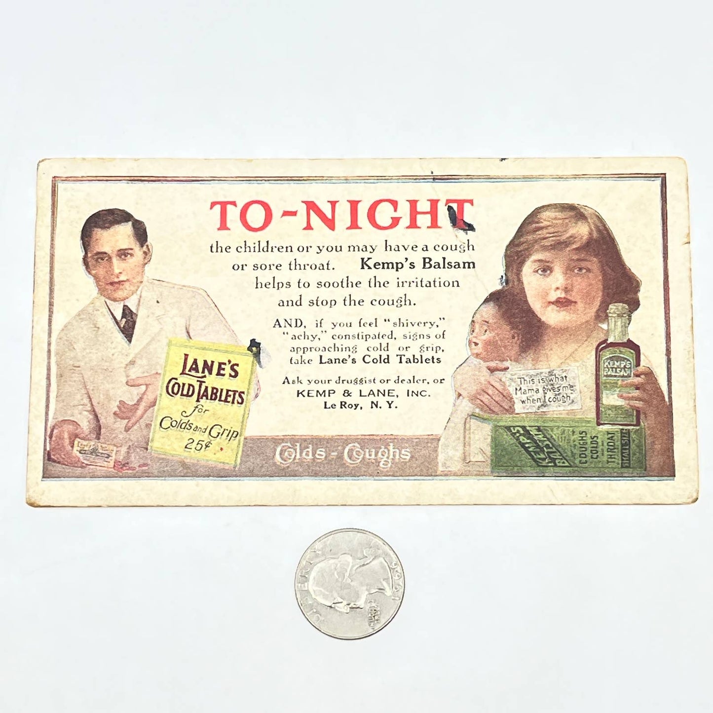 1920s Blotter Card Kemp's Balsam Cough & Cold Medicine Kemp & Lane LeRoy NY AC2