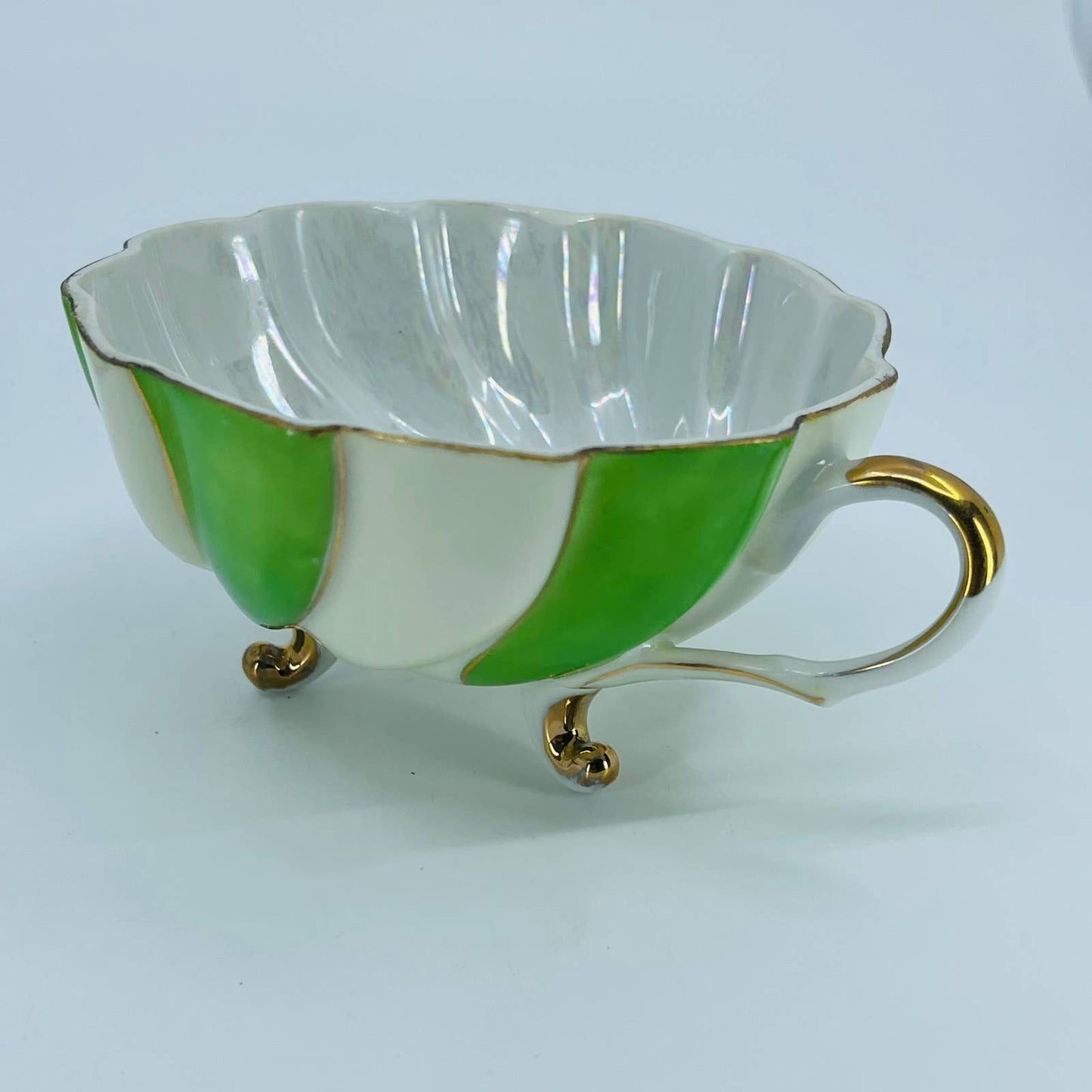 Midcentury Japan Footed Cup and Saucer Green Candy Stripe Swirl Gilt TD9