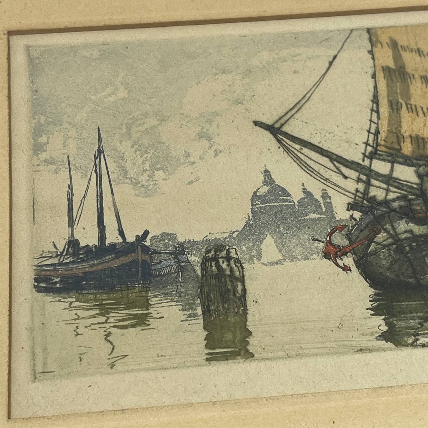 Austrian Artist Franz Xaver Wolf Harbor Sailboat View SIGNED Etching 12x14" TG6