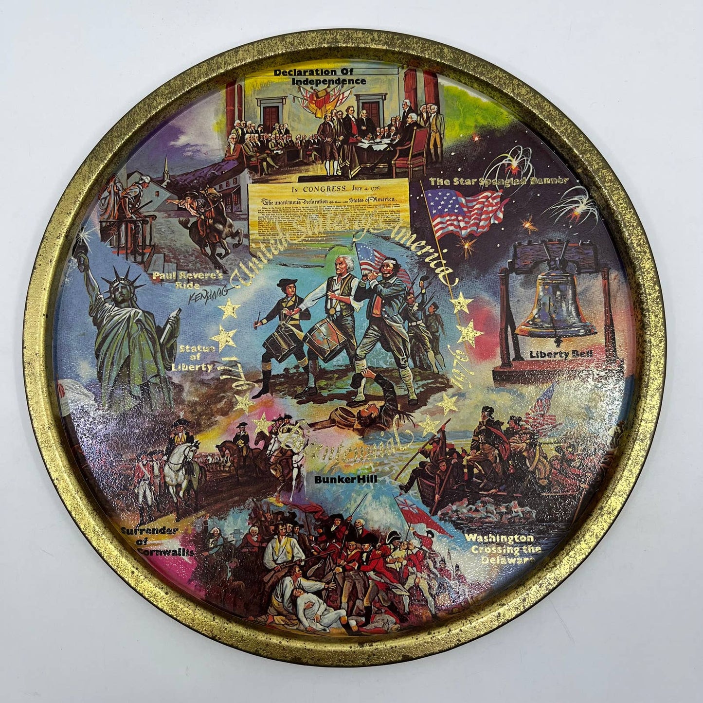 Vintage Black & Gold Metal State Souvenir Plate Tray US Bicentennial 11” TH2-2