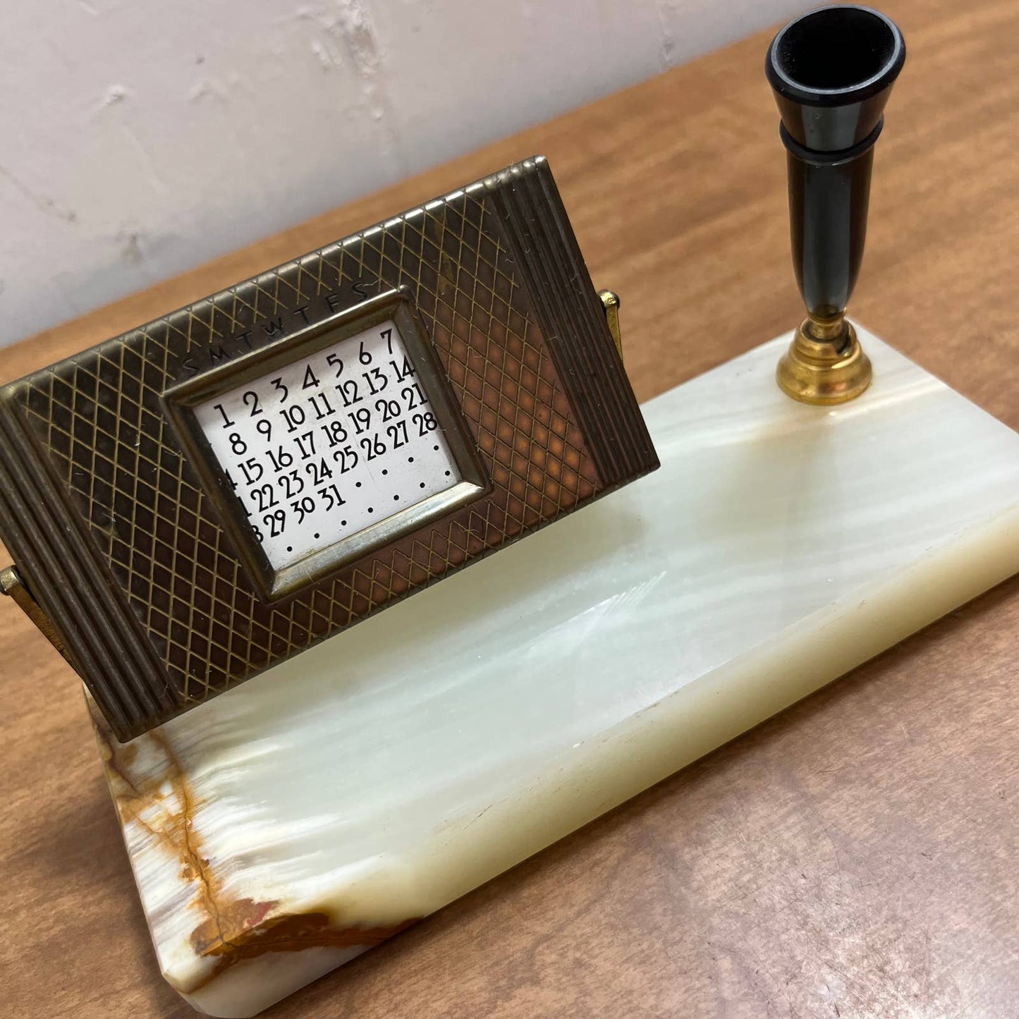 1952 Art Deco 50 Year Calendar Fountain Pen Holder Brass Desktop Marble Onyx TG5
