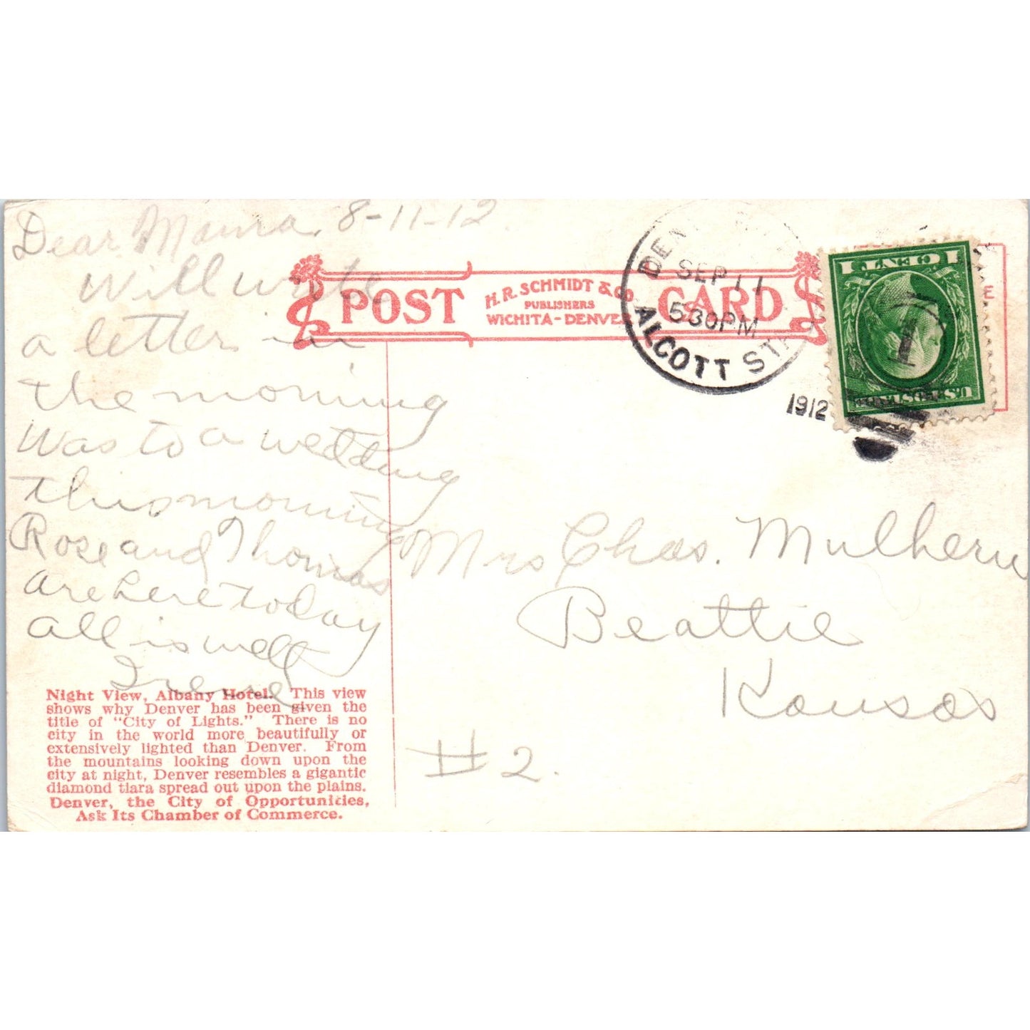 Night View Albany Hotel 1912 Denver Colorado Original Postcard P2-2