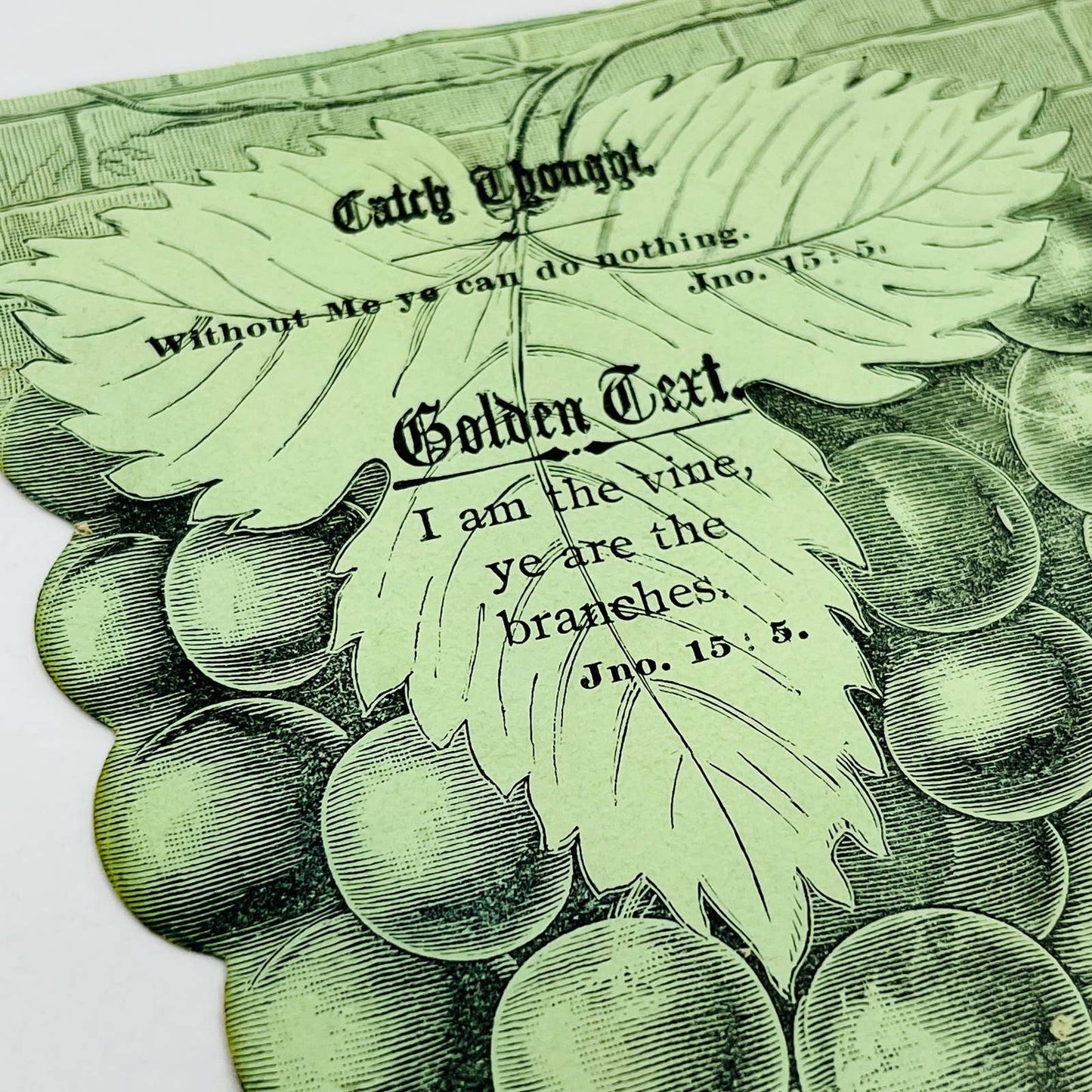 1880s Victorian Holy Prayer Card Die Cut Engraving John 15:5 Grapes Vine AA2