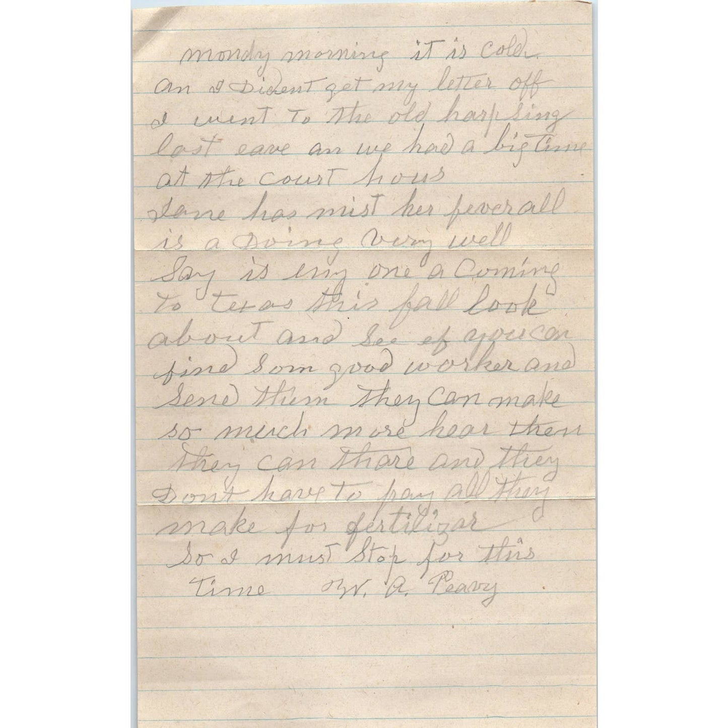 1918 Letter and Envelope W.A. Peavy Lufkin TX to J.M. Peavy Shreve AL AD6