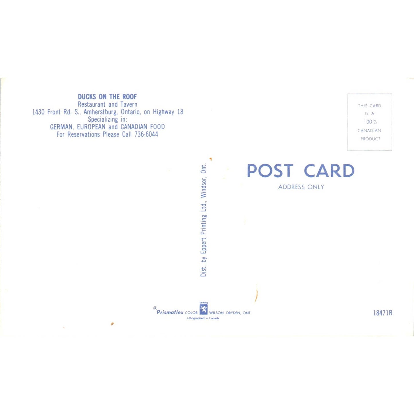 Ducks on the Roof Restaurant & Tavern Amherstburg Ontario - Postcard TJ7-RP2