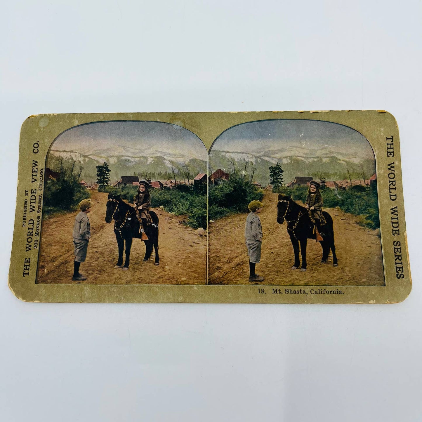 1905 Stereoview Card Hand Tinted Boy and Girl Riding Pony Mt. Shasta CA