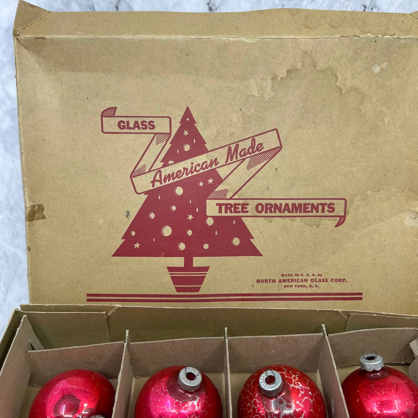 American Made 12 Vintage Mercury Glass Ornaments With Original Box Red 2 7/8"